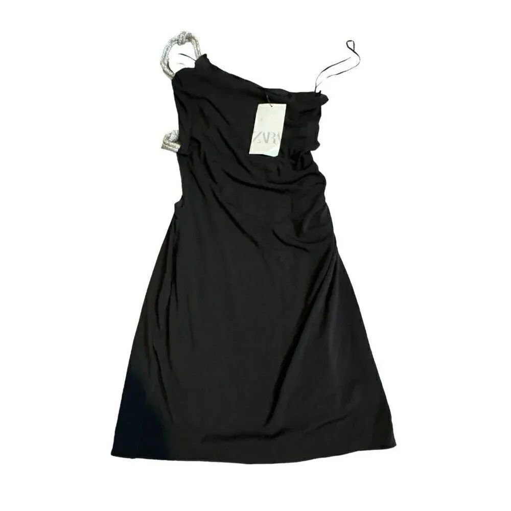 Zara Womens Mini Dress S Black Rhinestone shoulder Ruched Cut Out 7802/636 NWT - Picture 3 of 10